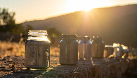 Milk cans on the ground in the field at sunset time.の素材
