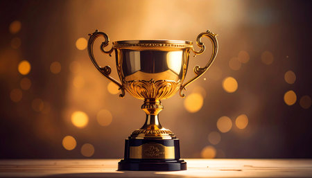 Golden trophy cup with bokeh background. Award ceremony concept.の素材
