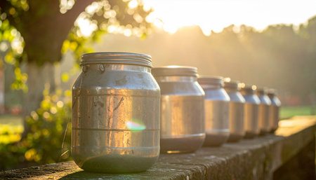 Milk cans in a row on a wooden table in the gardenの素材