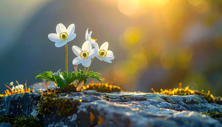 White wood anemone flowers on a rock in the sunlight.の素材