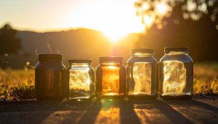 Glass jars on the road in the garden at sunset. Nature backgroundの素材