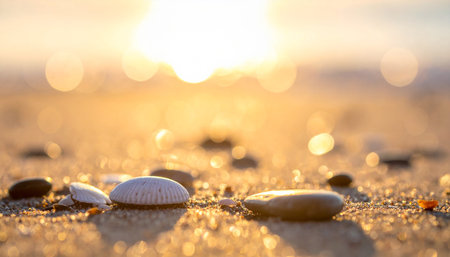 Seashells on the beach at sunset. Selective focus.の素材