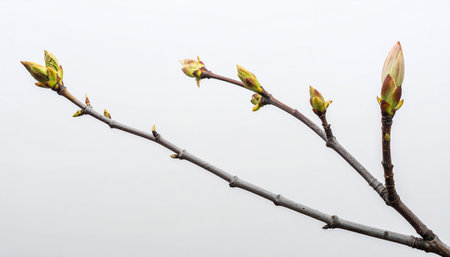 Blossoming buds on a twig on a white background.の素材
