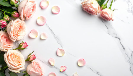 Flowers composition. Frame made of pink roses on white marble background. Flat lay, top view, copy spaceの素材