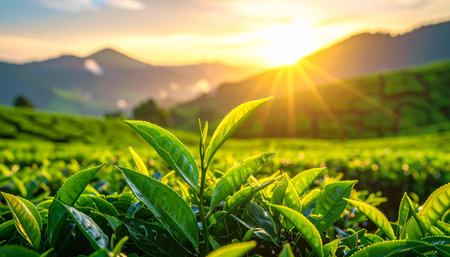 Tea Plantation at Sunrise in Munnar, Kerala, India.の素材