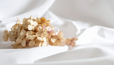 Dried hydrangea flowers on a white satin backgroundの素材