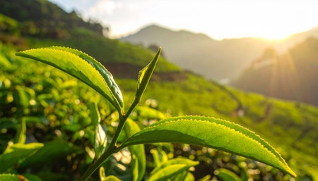 Tea Plantation at Sunrise in Munnar, Kerala, India.の素材
