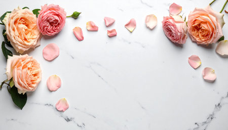 Beautiful roses and petals on white marble table, flat lay. Space for textの素材