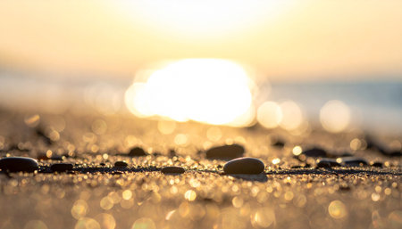 pebble stones on the beach at sunset. shallow depth of fieldの素材
