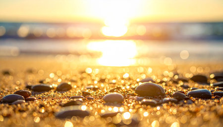 Sunset over the sea with pebble stones on the beachの素材