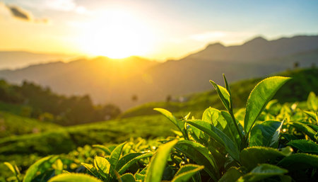 Tea Plantation at Sunrise in Munnar, Kerala, India.の素材