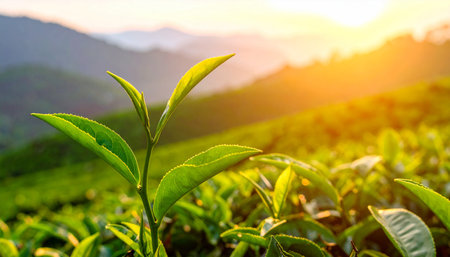 Tea Plantation at Sunrise, Chiang Rai Province, Thailand.の素材