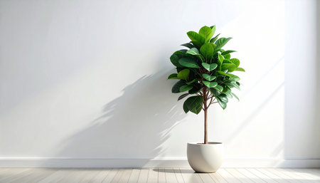 Plant in pot on white wall background. 3D rendering.の素材
