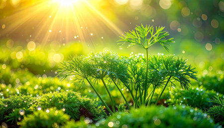 Fresh green dill growing in the garden on a sunny day.の素材