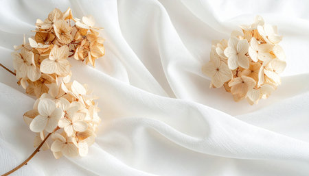 White fabric with dried hydrangea flowers on white background.の素材