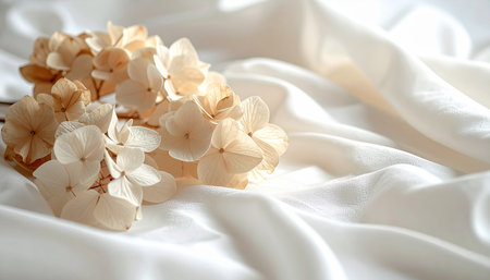 Beautiful hydrangea flowers on white fabric, closeupの素材