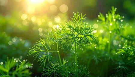 Fresh green dill with dew drops in the morning light.の素材