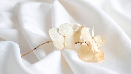 Dried hydrangea flowers on white fabric background, closeupの素材