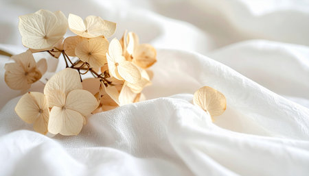 Dried hydrangea flowers on white fabric, closeupの素材