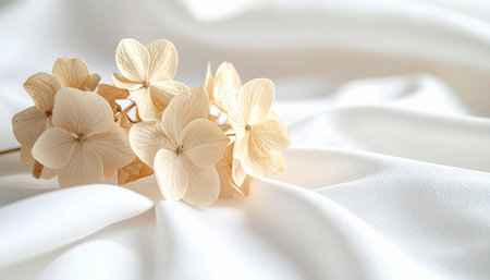 dry hydrangea flowers on white satin fabric with copy spaceの素材