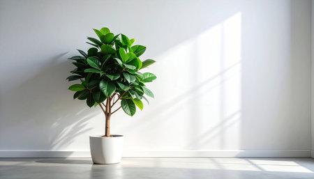 Ficus in a white pot on a white wall background with sunlightの素材