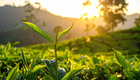 tea plantation at sunrise in Munnar, Kerala, South Indiaの素材