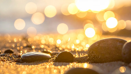 pebble on the beach with bokeh sun light backgroundの素材