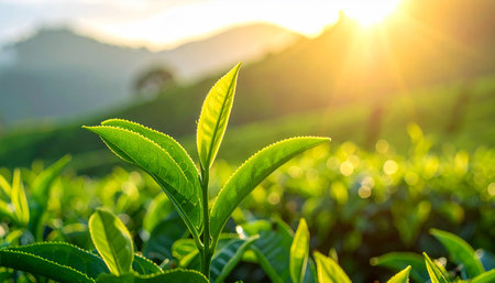 tea leaf in the tea plantation at sunrise time,Thailandの素材