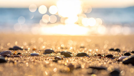 Sea pebbles on the beach in the rays of the setting sunの素材