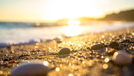 Sunset on the beach with pebbles and sea waves.の素材