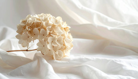 White hydrangea flower on white fabric background, copy spaceの素材