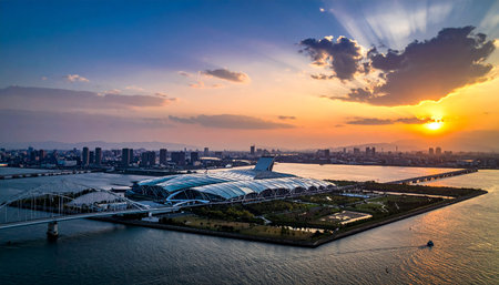 Aerial view of Hangzhou city skyline at sunset, China.の素材