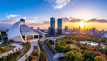 Aerial view of Seoul city skyline at sunset, South Korea.の素材