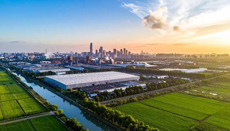Aerial view of Suzhou city at sunset, Jiangsu Province, China.の素材