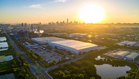 Aerial view of Shanghai Pudong skyline at sunset, Chinaの素材