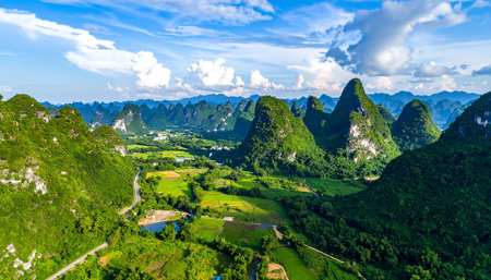 Panoramic view of karst mountains and valley, Guilin, Chinaの素材