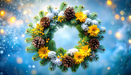 Christmas wreath with snow and snowflakes on bokeh backgroundの素材