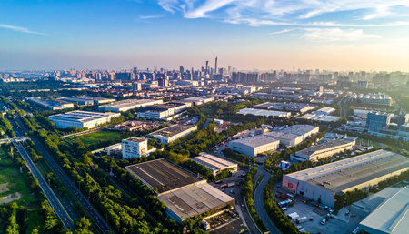 Aerial view of Suzhou city skyline at sunset, China.の素材