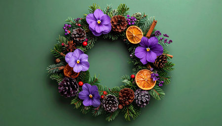 Christmas wreath with violet flowers, cones and berries on green backgroundの素材