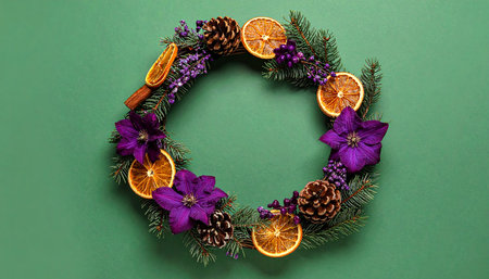 Christmas wreath with fir branches, dried oranges and purple flowers on green backgroundの素材