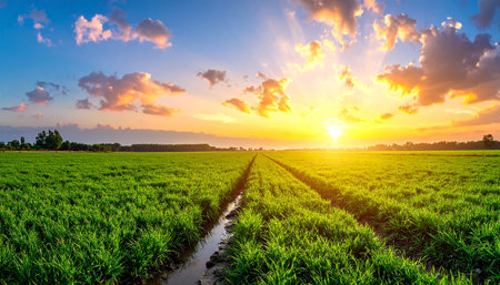 Sunset or sunrise over a green agricultural field with young sprouts of wheat or rye under a blue cloudy sky. Landscape.の素材