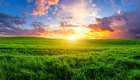 Sunset over green field with grass and blue sky. Nature composition.の素材