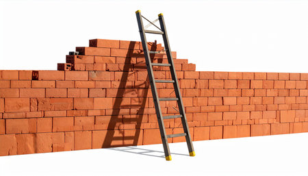 3d rendering of ladder and brick wall on white background with shadowの素材