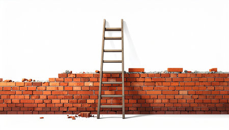 3d rendering of a ladder leaning against a brick wall with bricksの素材