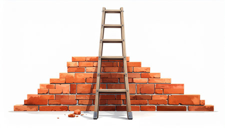 Ladder and brick wall on a white background. 3d renderingの素材