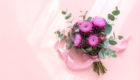 Bouquet of purple flowers and eucalyptus on pink background. Flat lay, top view.の素材