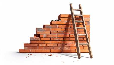 brick wall with ladder isolated on white background. 3d illustrationの素材