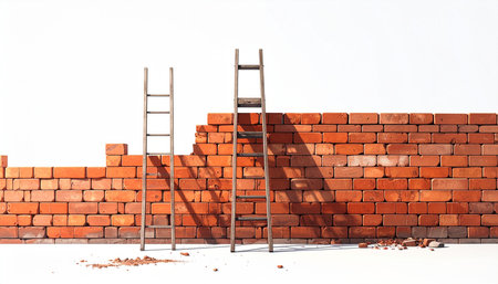 brick wall and ladder on white background, construction and architecture conceptの素材