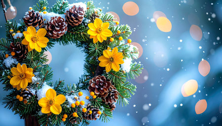 Christmas wreath with snow on bokeh background. Copy spaceの素材