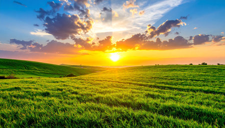 Sunset or sunrise over green field with grass and blue sky.の素材